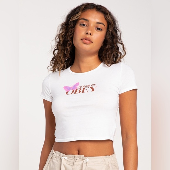 NWT - OBEY House Of Obey Womens Fitted Crop Tee in White - Various Sizes - Picture 2 of 5